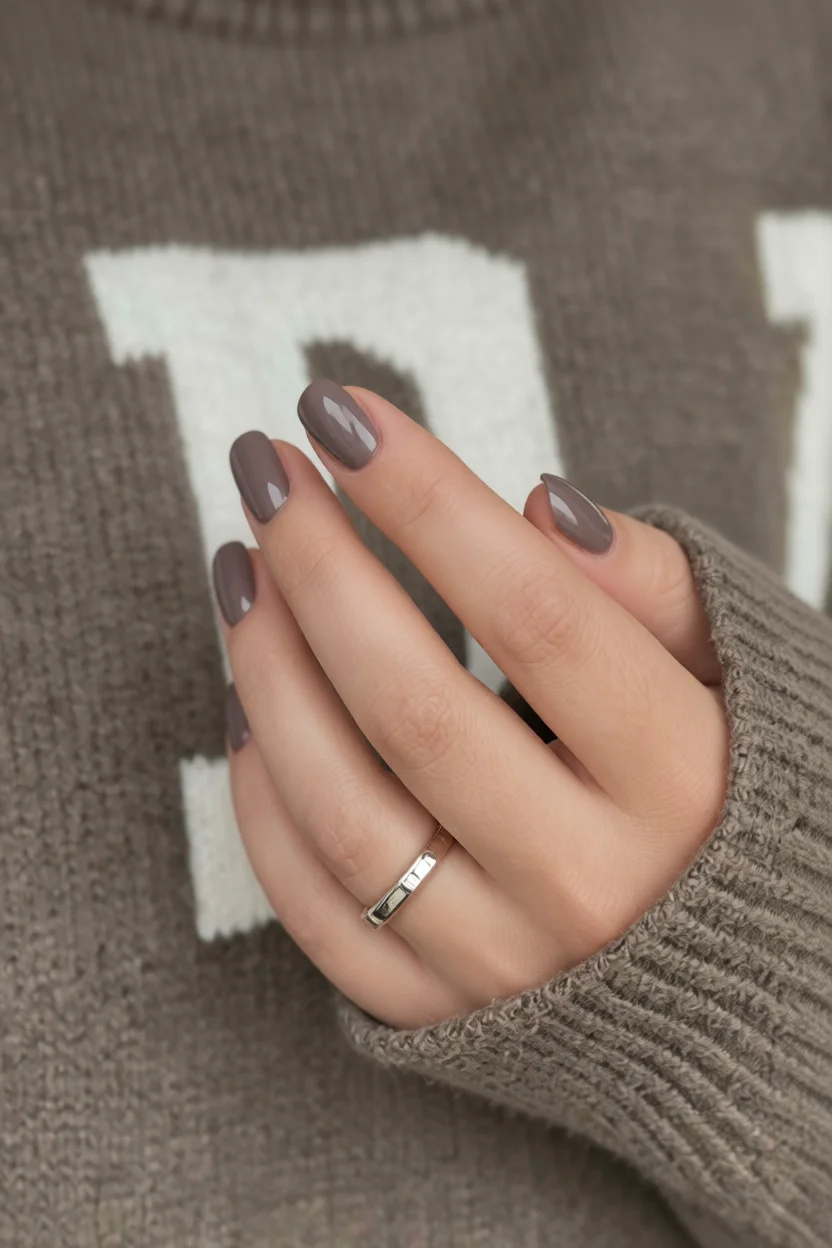 Mano con uñas cortas cuadradas esmaltadas en tono taupe neutro brillante