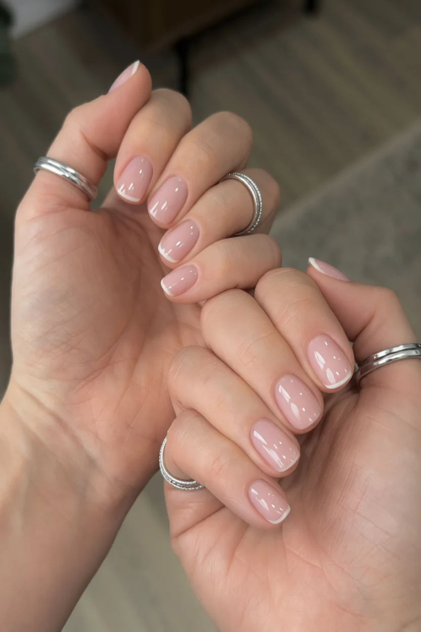 Uñas cortas cuadradas con francesinha nude y puntas blancas finas