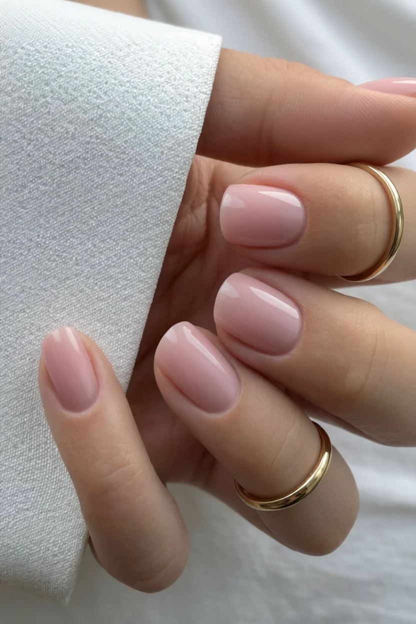Mano con uñas ovaladas esmaltadas en rosa nude brillante con acabado glossy