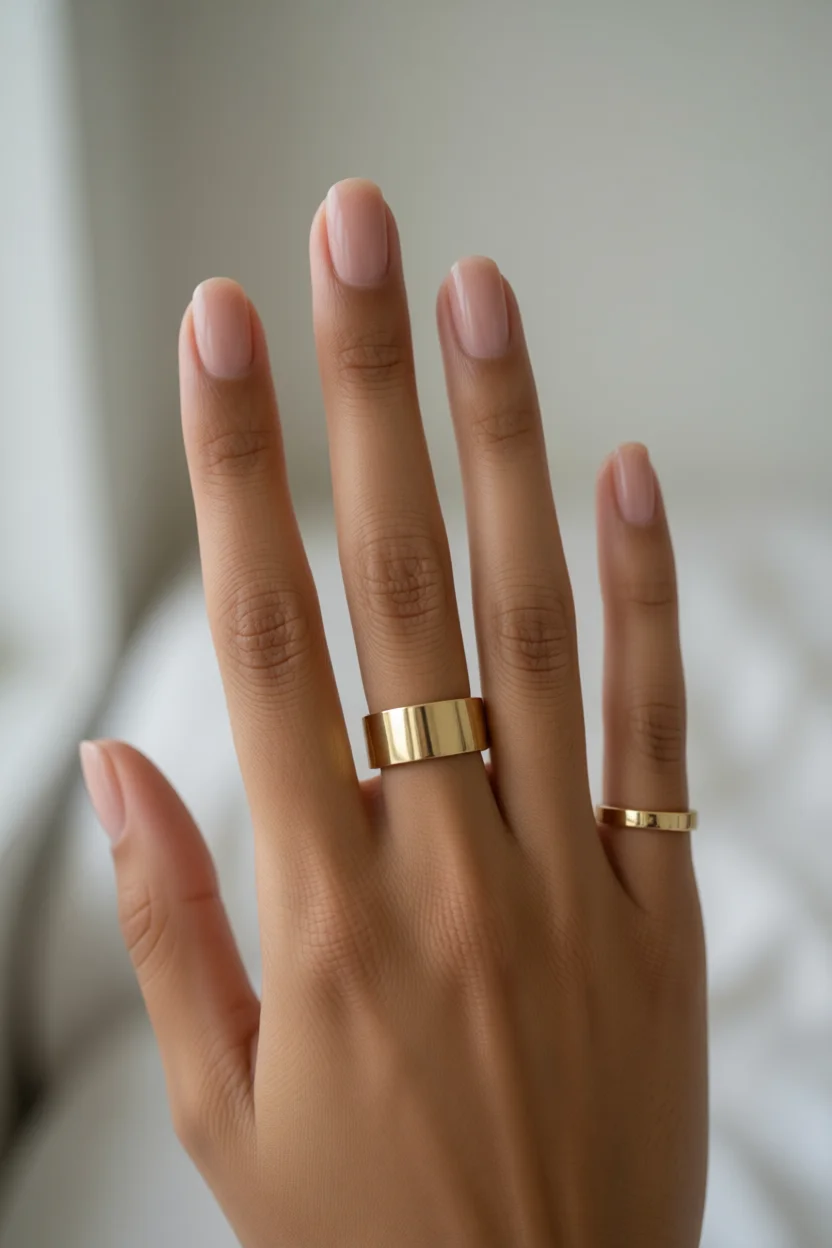 Mano con uñas cortas ovaladas pintadas en tono beige translúcido y anillos dorados