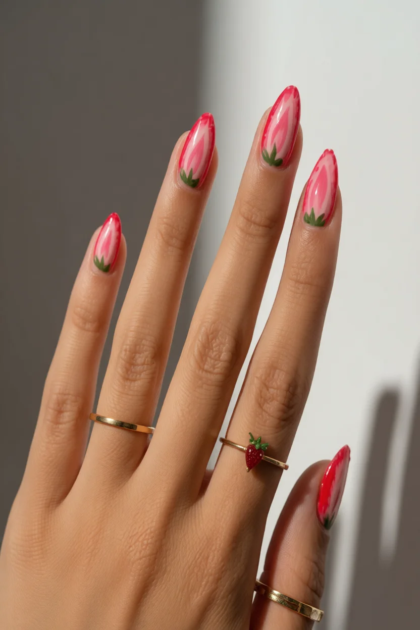 Mano con uñas ovaladas largas pintadas con diseño de fresas rosadas y detalles verdes