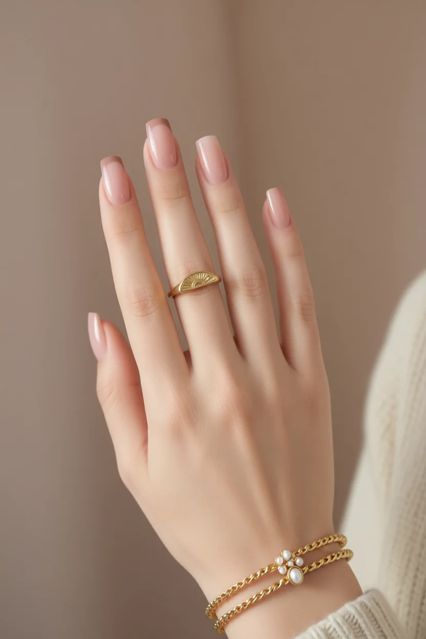 Mano con uñas ovaladas esmaltadas en nude rosado con punta marrón y brillo glossy, acompañada de anillo y pulsera dorados