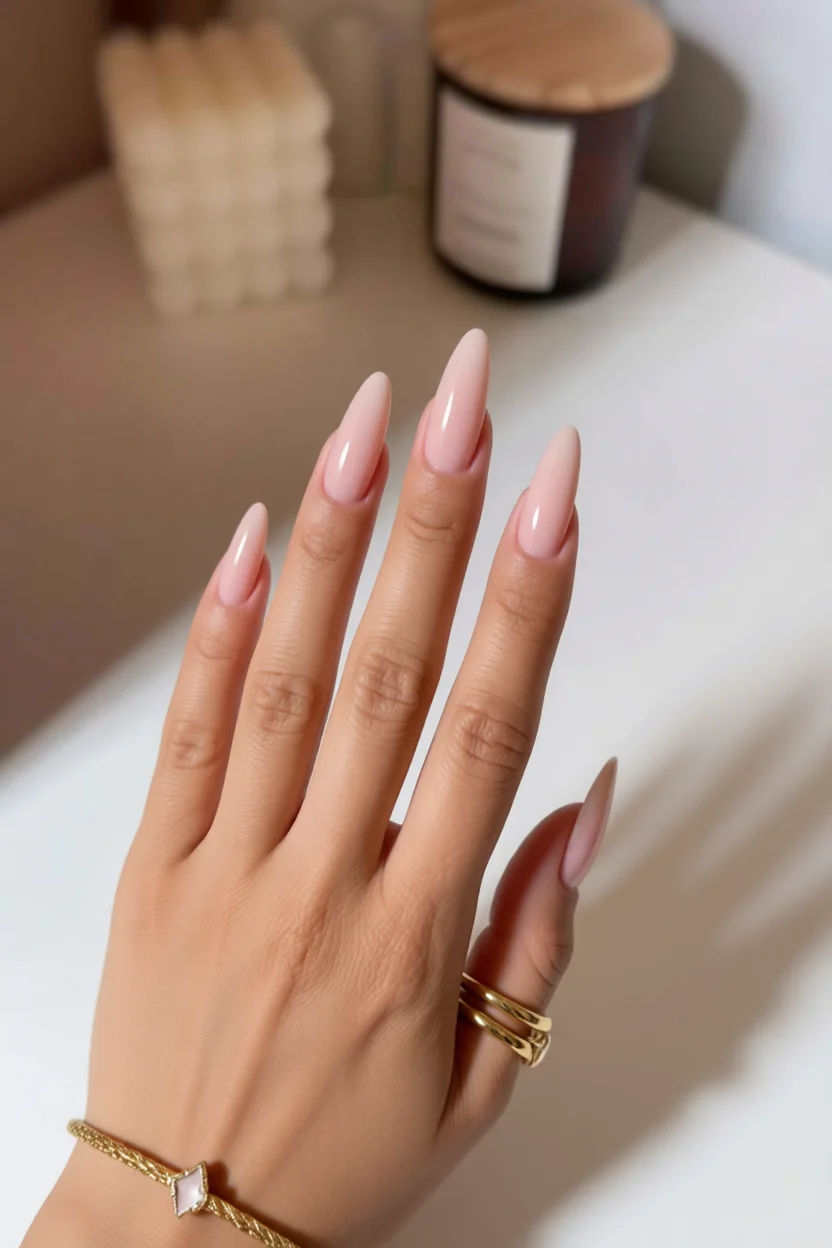 Mano con uñas largas en forma de estilete pintadas de rosa nude brillante con brillo natural