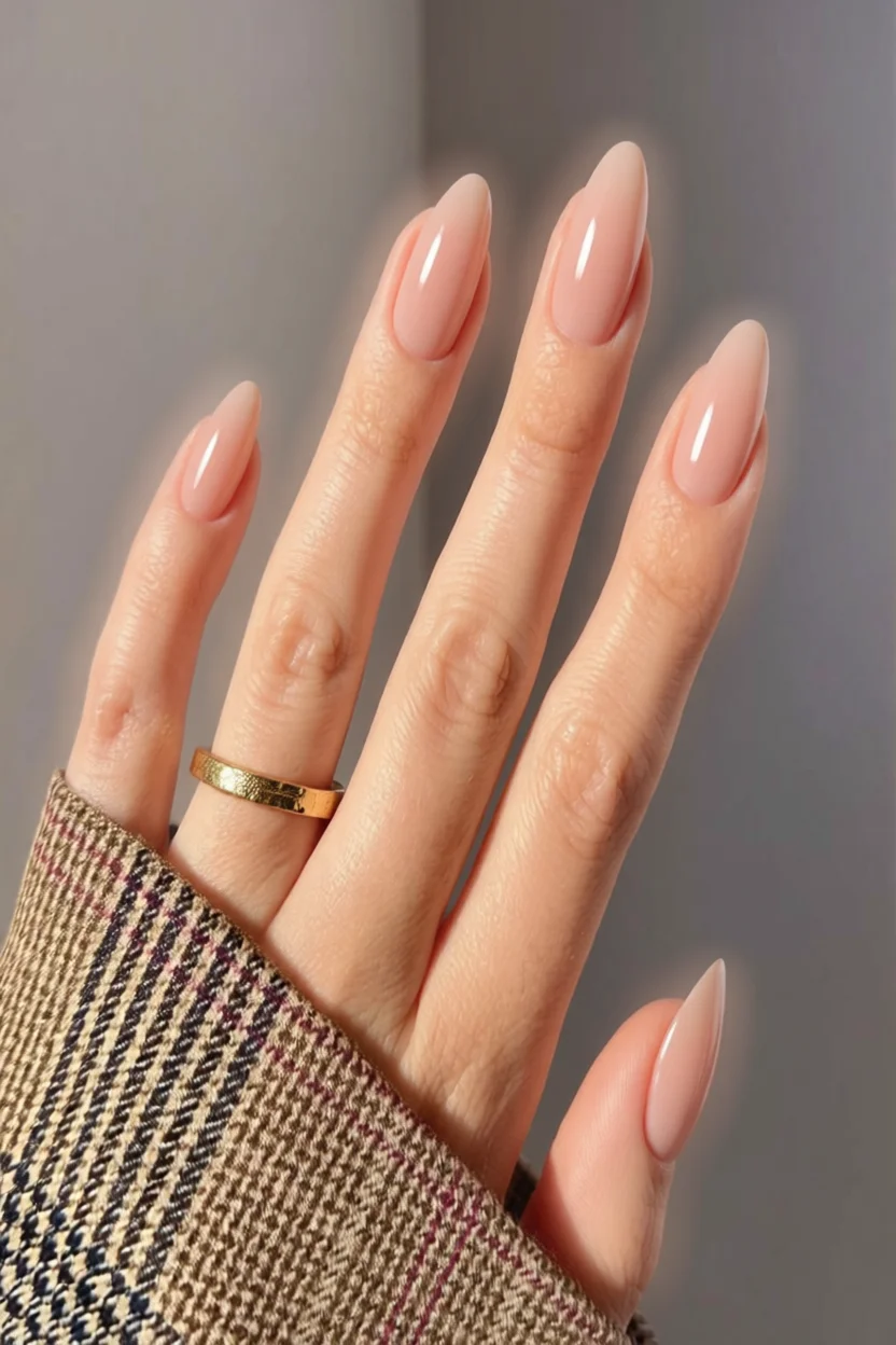 Mano con uñas almendradas en tono nude brillante