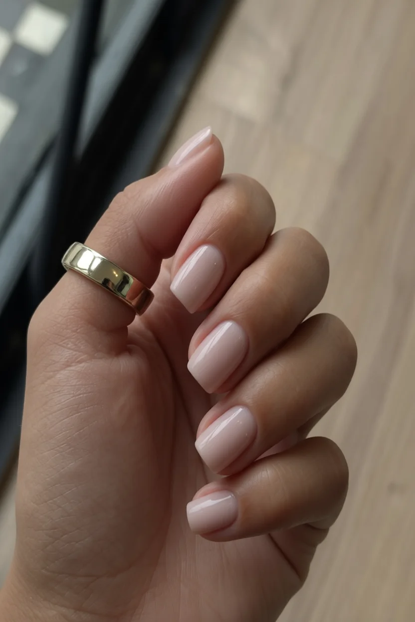 Mano con uñas cortas redondeadas esmaltadas en nude brillante y anillo dorado