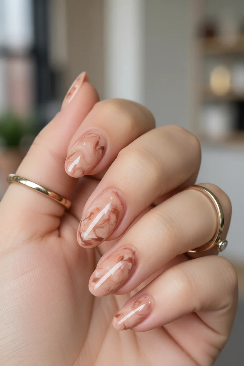 Uñas alargadas con diseño mármol en tonos marrón y beige