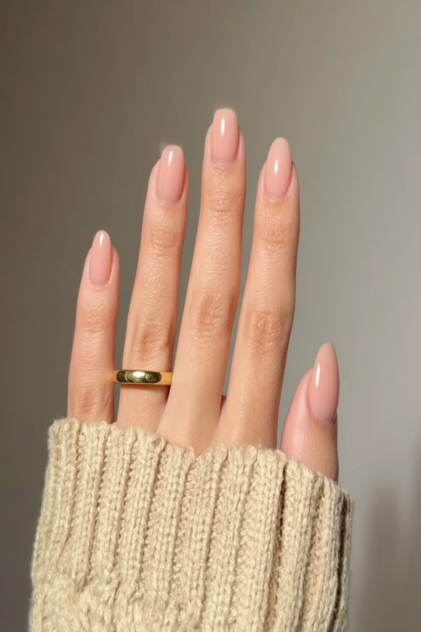 Mano con uñas almendradas en tono nude rosado brillante y anillo dorado