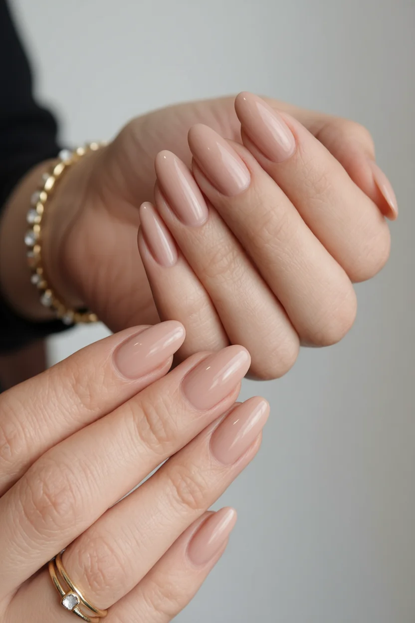Manos con uñas ovales largas en color nude mate brillante