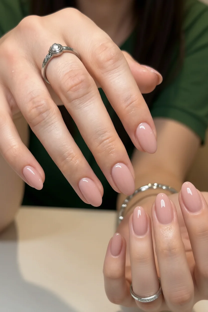 Manos con uñas ovales pintadas en tono nude rosado con brillo intenso