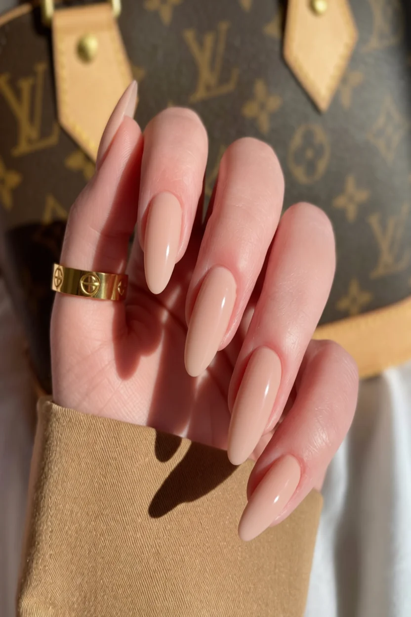 Mano con uñas largas almendradas en tono nude brillante y manicura impecable