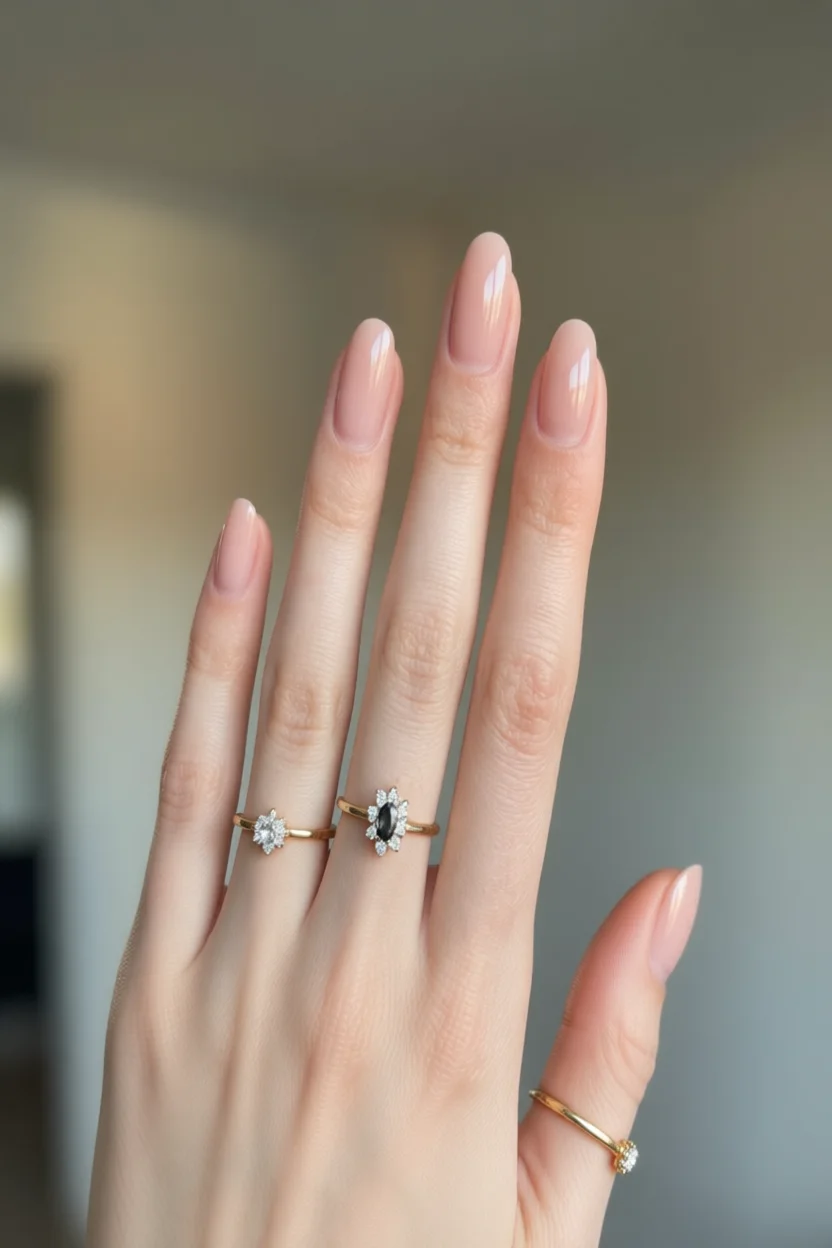 Mano con uñas largas en forma de almendra pintadas de nude rosado brillante