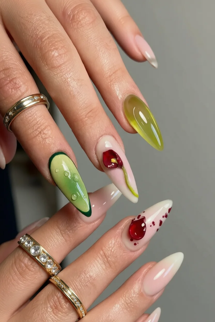 Uñas largas estiletto en verde chartreuse con flores 3D y gotas de agua