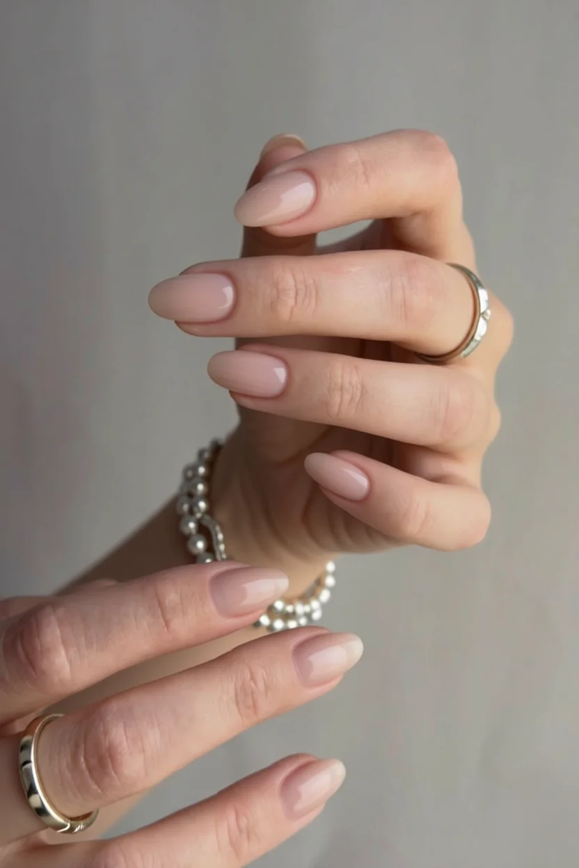 Manos con uñas ovaladas en color nude brillante, anillos dorados y pulsera de perlas
