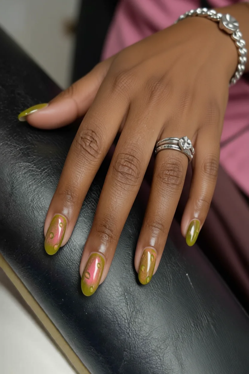 Uñas almendradas en verde chartreuse con efecto degradado rosado y detalles en relieve
