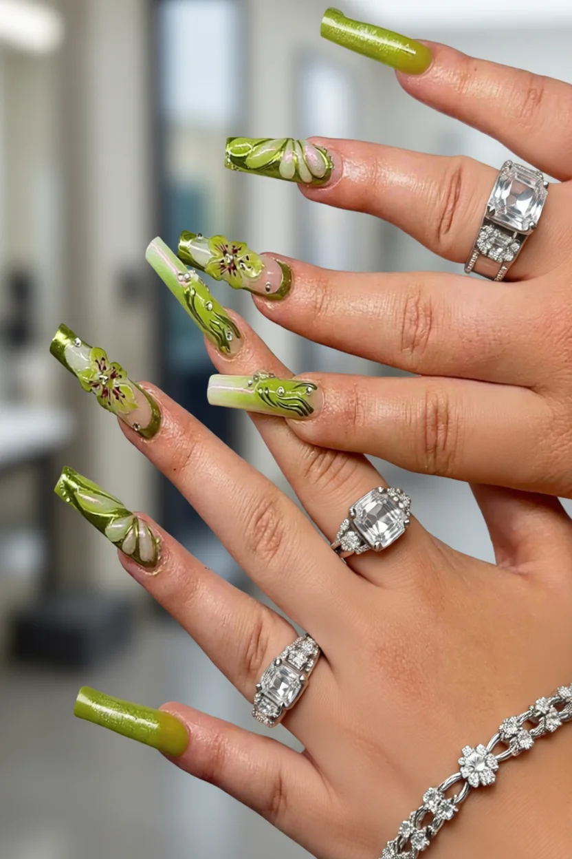 Uñas largas chartreuse con flores 3D, degradados verdes y cristales incrustados