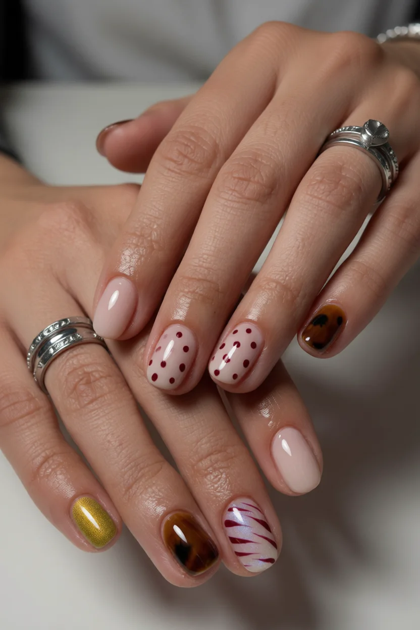 Uñas con diseño mixto que combina lunares rojos, efecto carey y brillo dorado