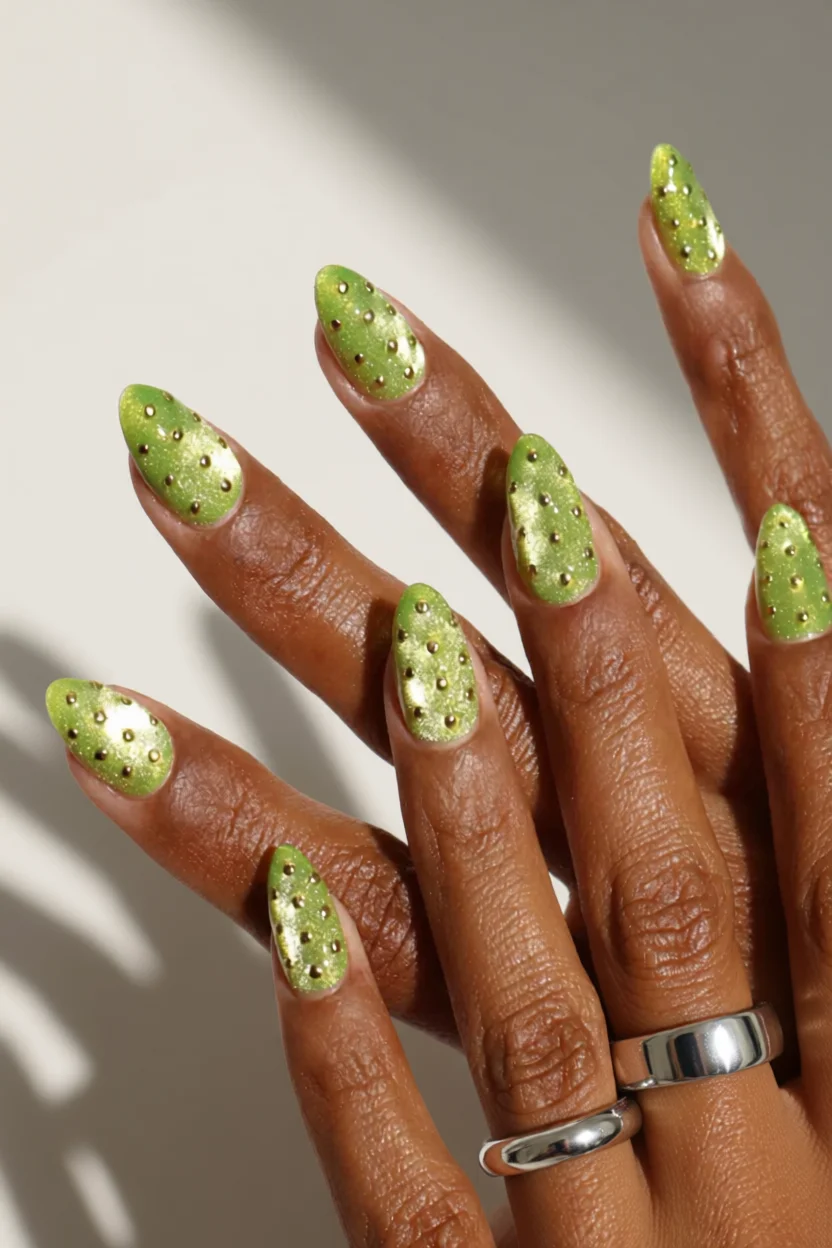 Uñas largas en tono chartreuse con tachuelas doradas decorativas