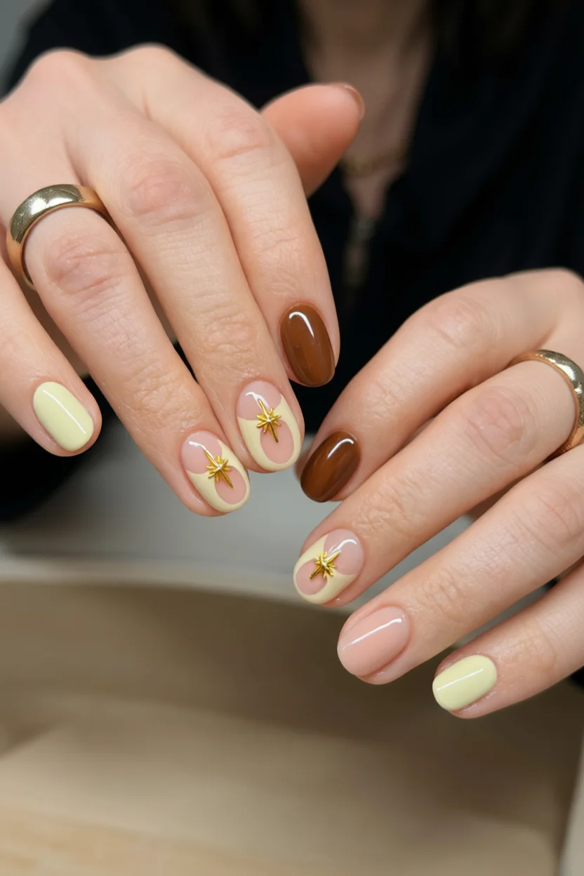 Uñas ovaladas con diseño francés en tonos nude y beige, decoradas con estrellas doradas 3D