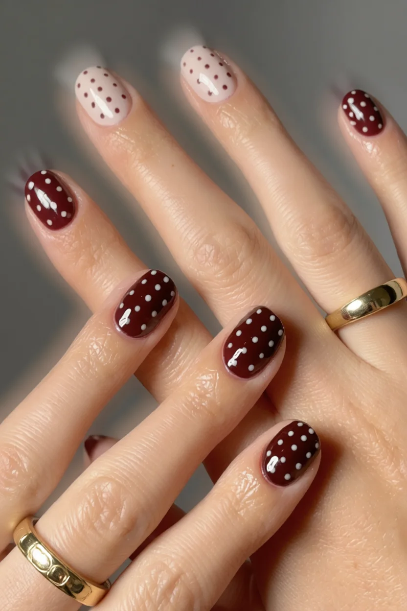 Uñas con diseño de lunares blancos sobre fondo burdeos y nude