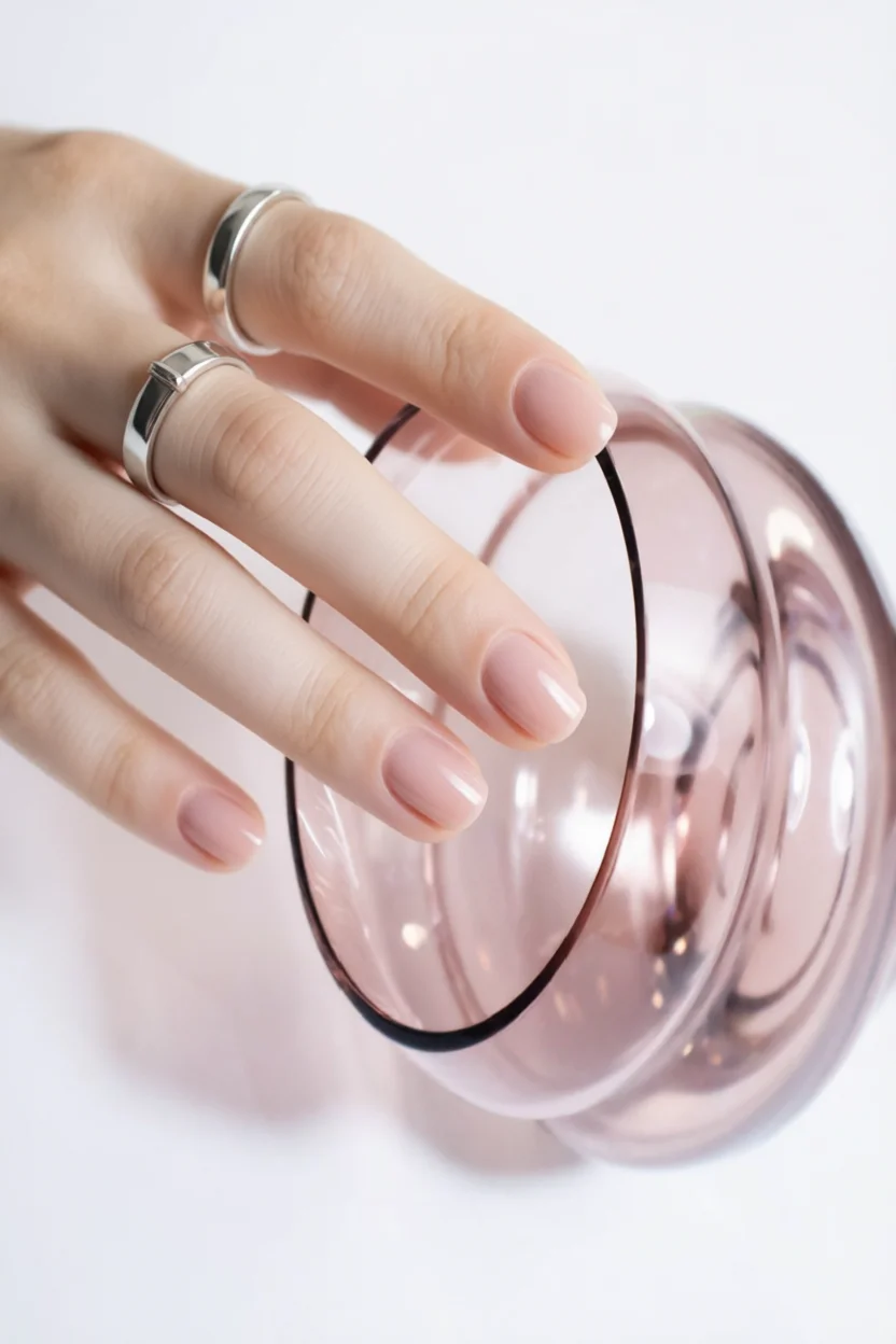 Mano con uñas cortas esmaltadas en nude natural sosteniendo un vaso rosa