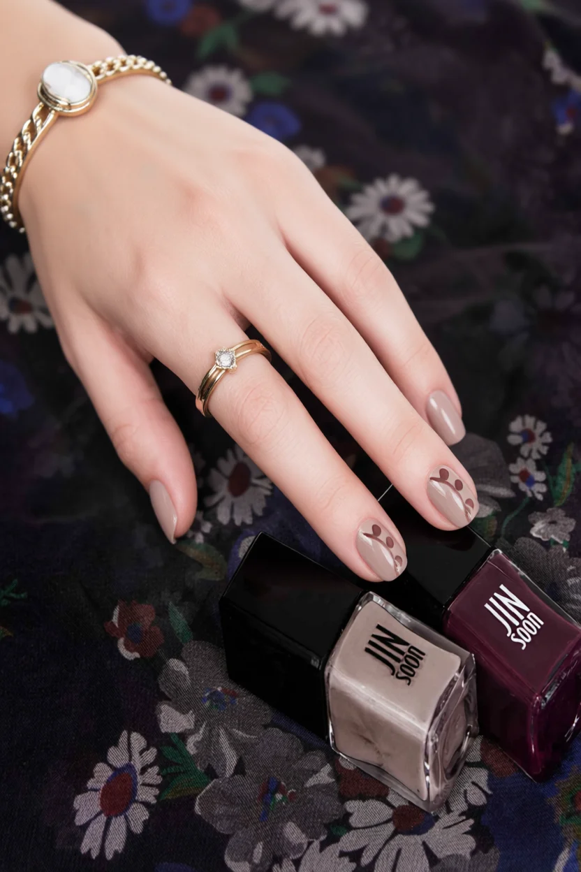 Mano con uñas nude y huellitas de osito en dedos anular y corazón, junto a esmaltes JIN Soon
