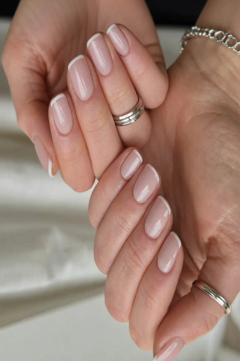 Mano con manicura francesa clásica en uñas forma almendra y base nude