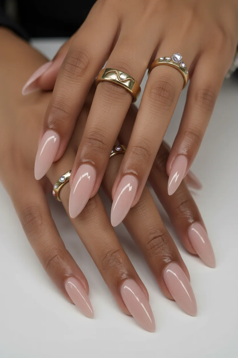 Uñas largas en forma de almendra con esmalte nude rosado brillante y anillos dorados