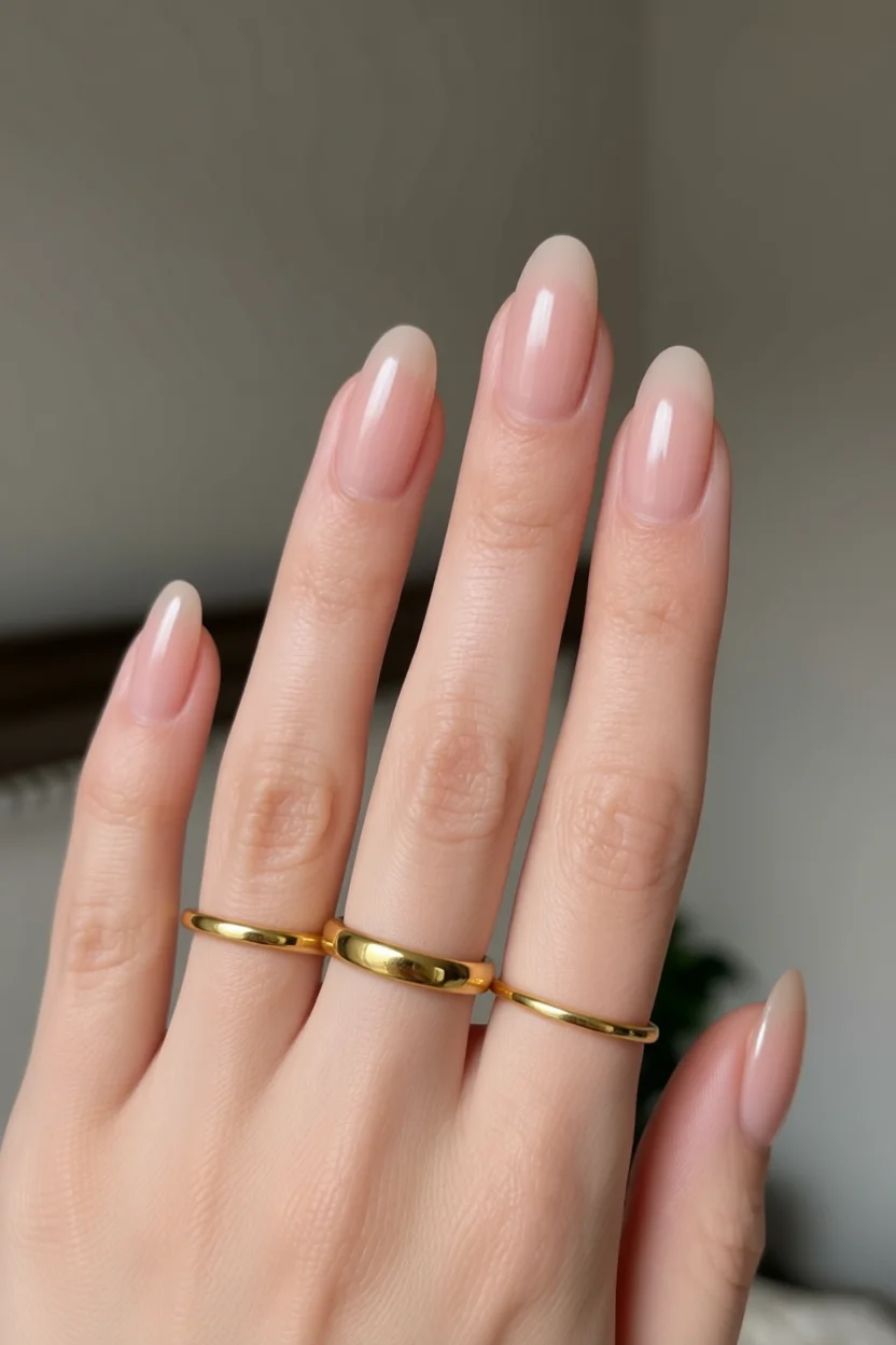 Uñas almendradas con diseño francés blanco sobre base natural rosa