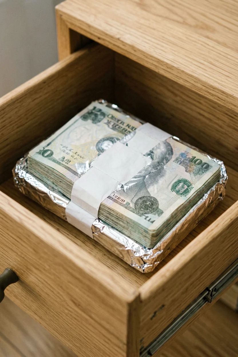 Billetes de banco envueltos cuidadosamente en papel de aluminio dentro de una caja segura