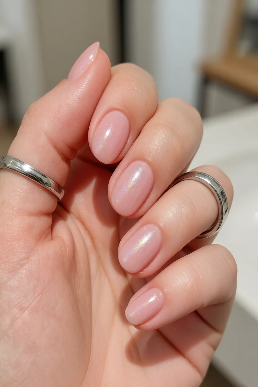 Uñas cortas redondeadas en tono rosa nude con acabado perlado iridiscente