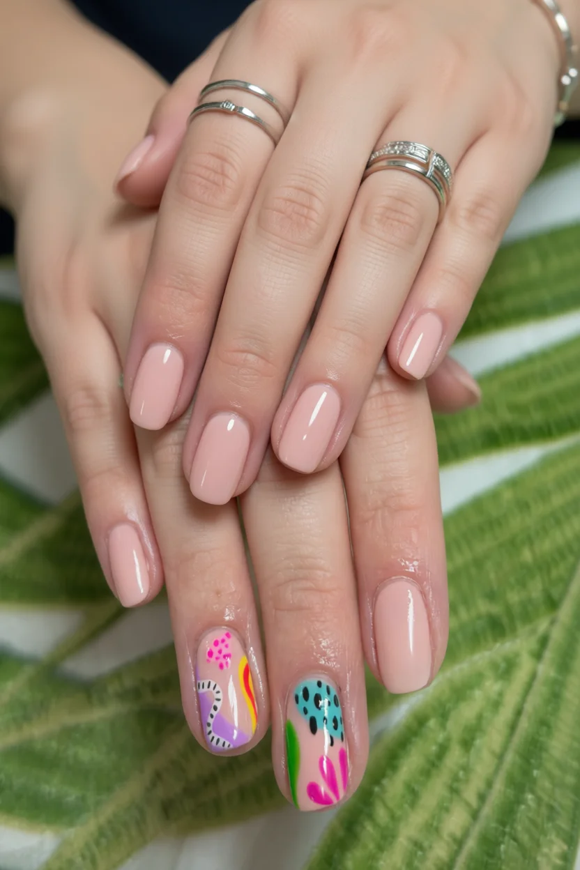 Manos con uñas en esmalte rosa nude y dos dedos con diseños geométricos abstractos multicolores sobre hojas tropicales