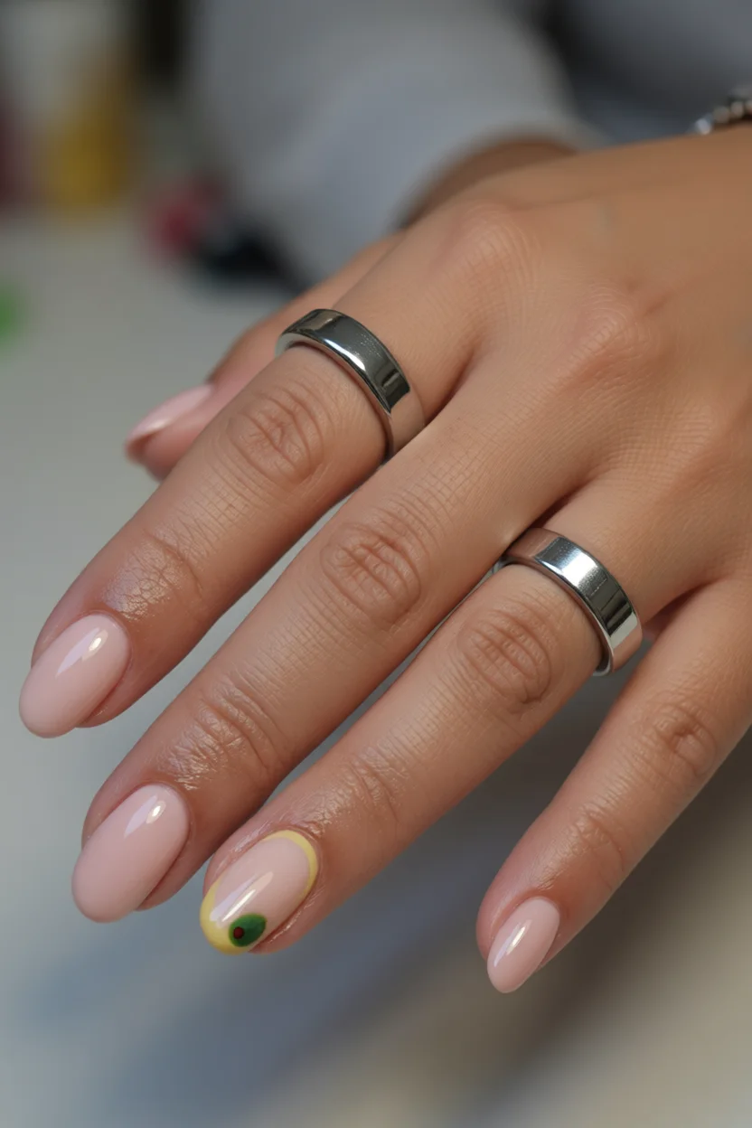 Mano con uñas ovaladas nude y un acento de uña con diseño de rodaja de limón