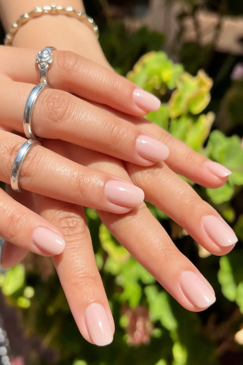 Uñas ovaladas en tono nude rosado con brillo natural al sol