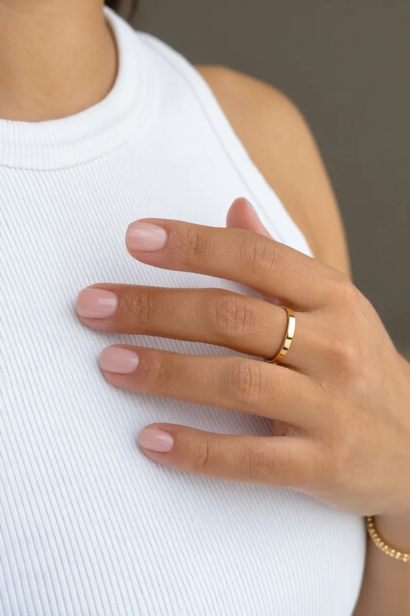 Uñas cortas redondeadas con esmaltado nude brillante minimalista