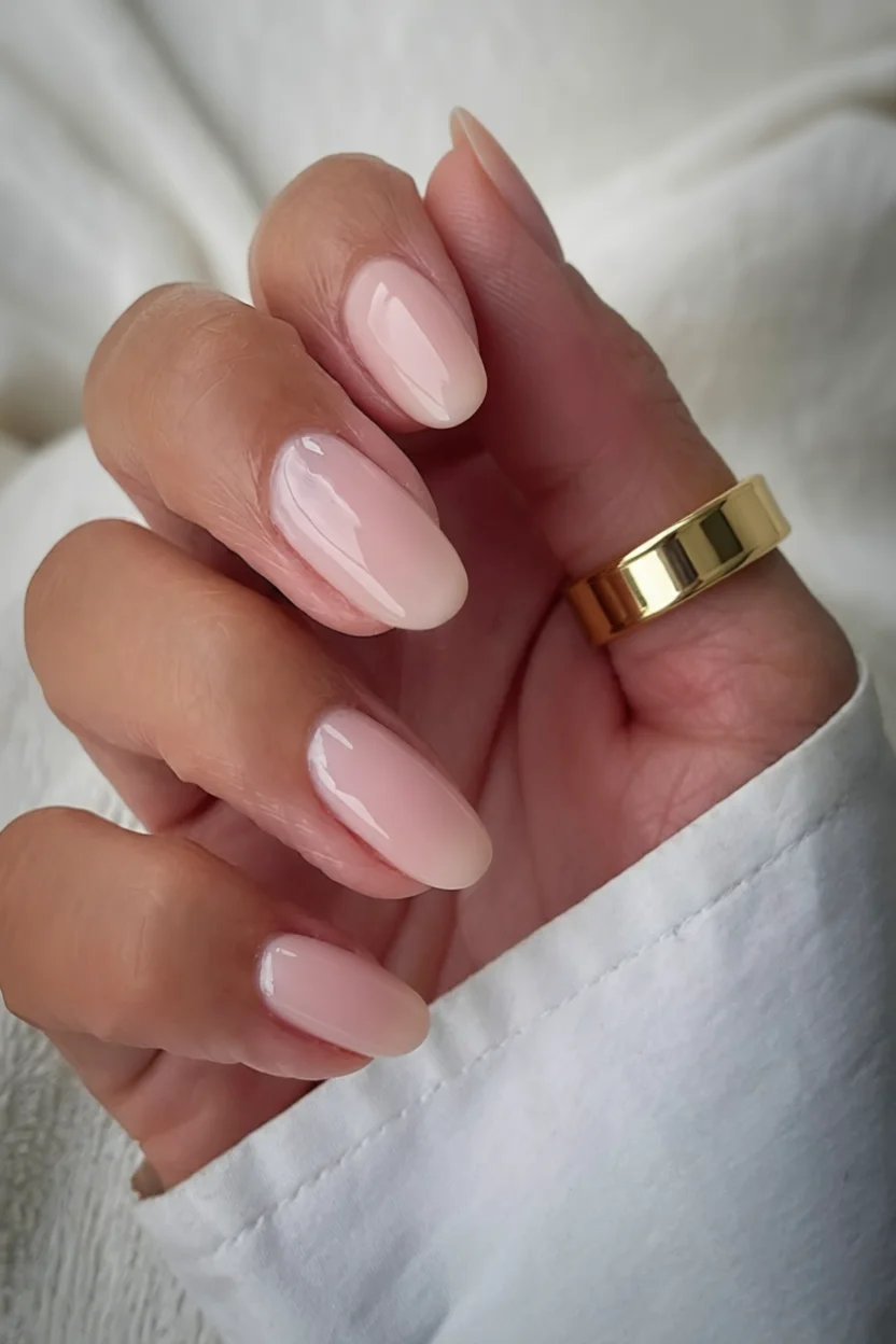 Uñas ovaladas largas con esmalte nude brillante translúcido
