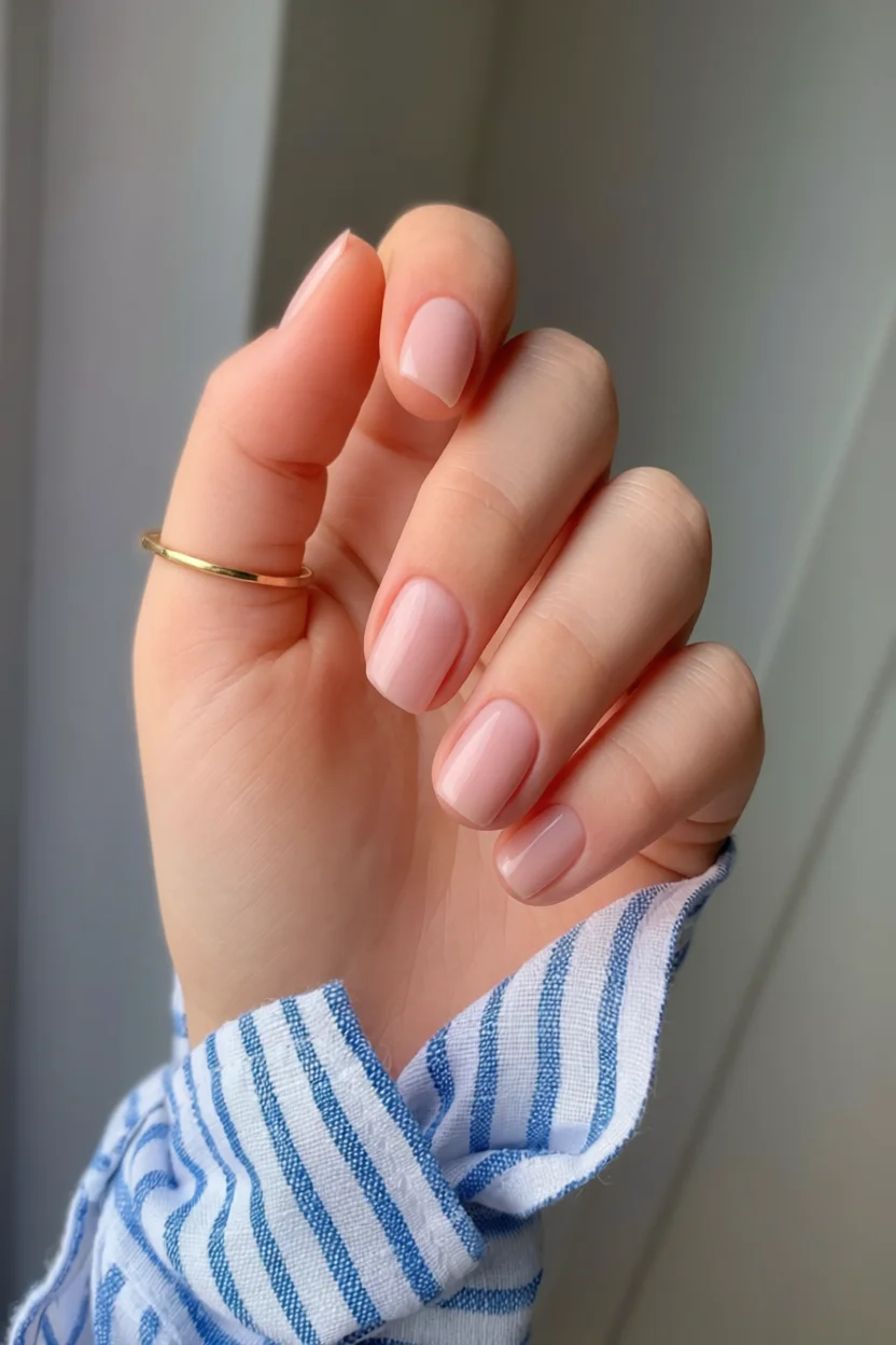 Uñas cortas en tono nude rosado con acabado brillante natural