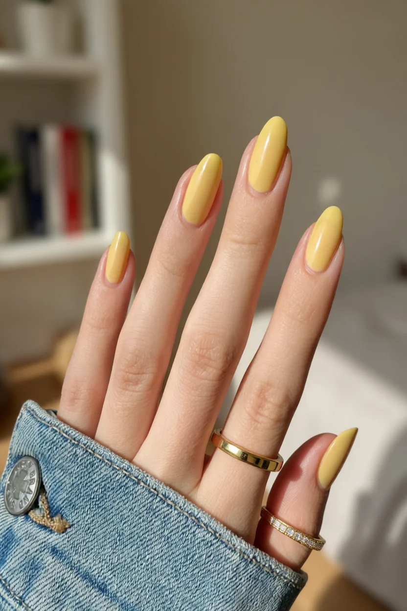 Manicura amarilla sólida en uñas forma almendra con acabado satinado
