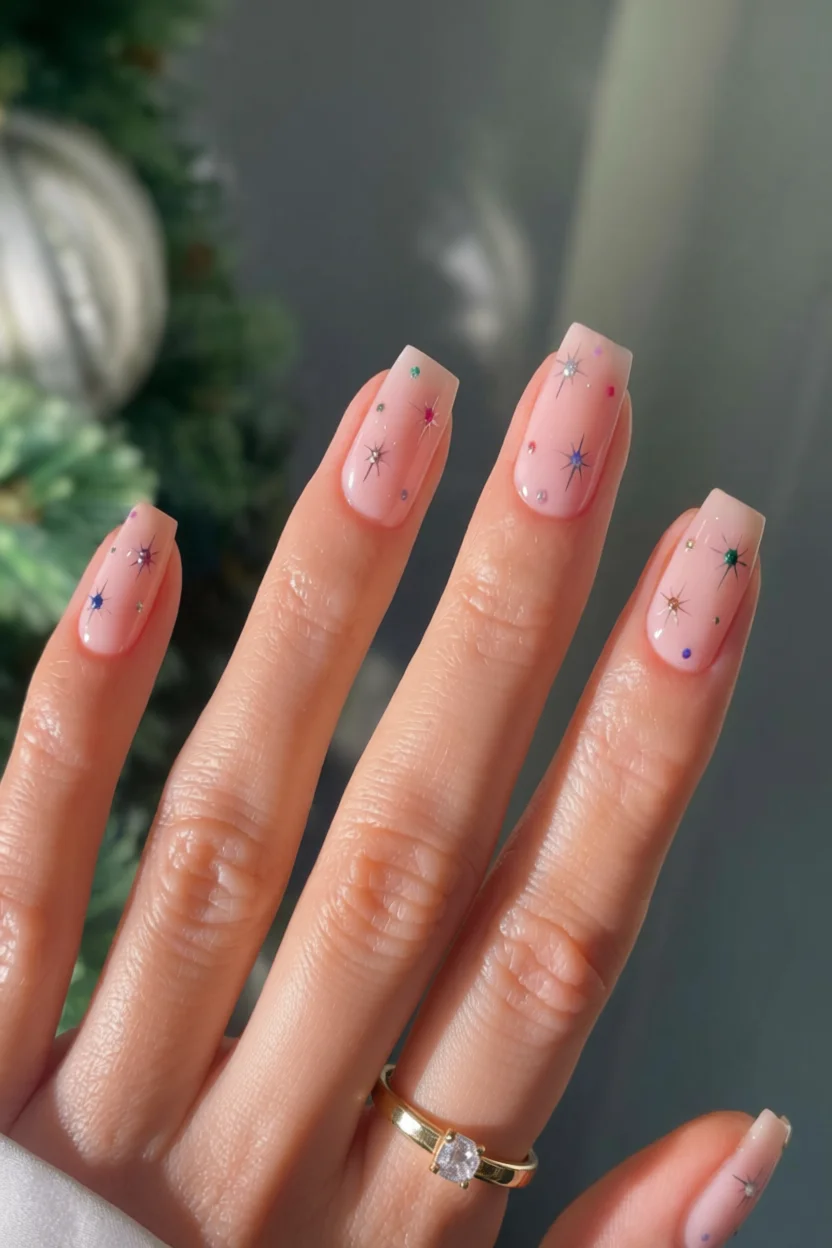 Uu00f1as con purpurina en forma de estrellas sobre base rosa pastel