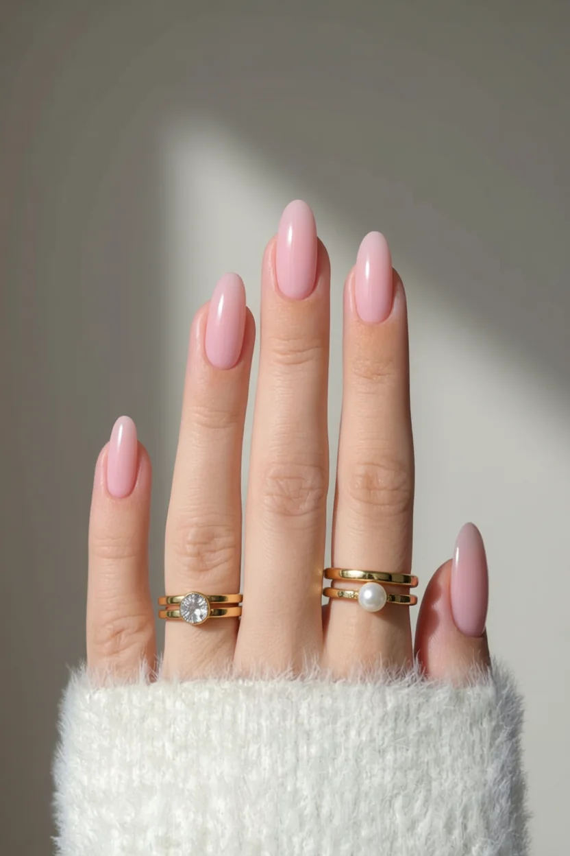 Uu00f1as largas en forma de almendra con esmalte rosa nude brillante