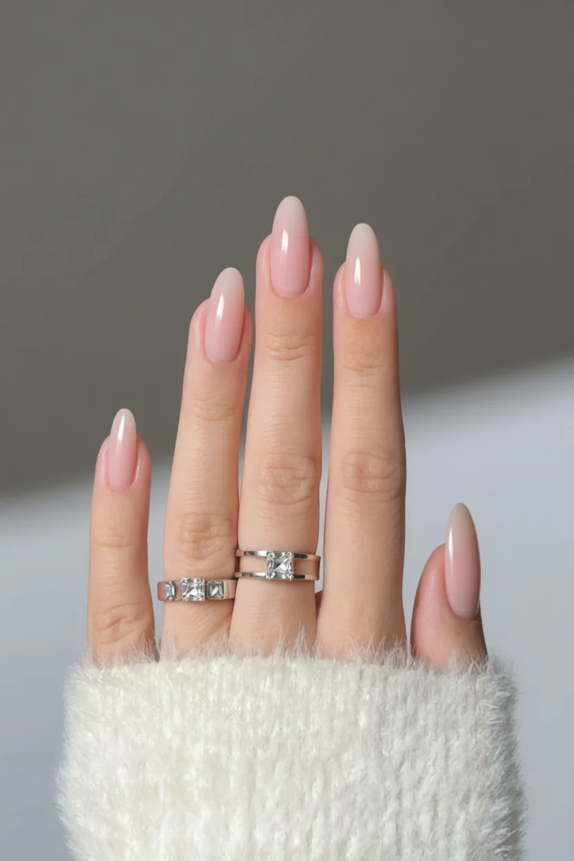 Uu00f1as uu00f1as uu00f1as uu00f1as en forma de almendra con esmalte nude brillante y brillo natural