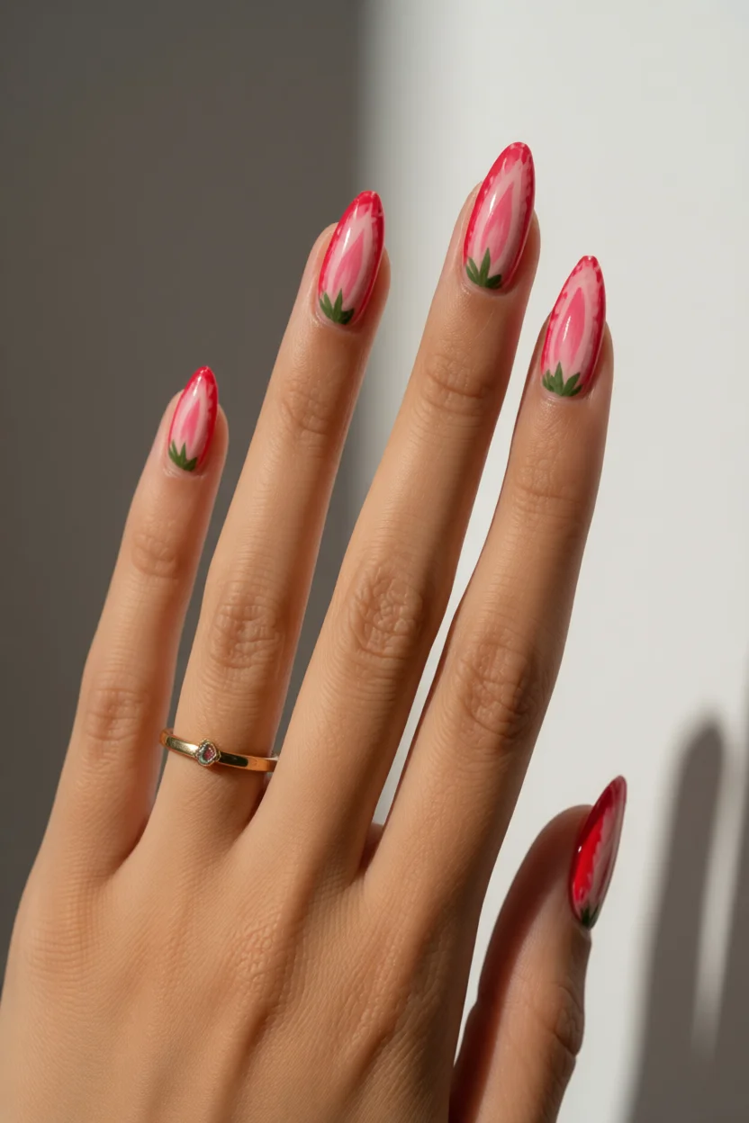 Uu00f1as almendradas con diseu00f1o de fresas y brillo glitter