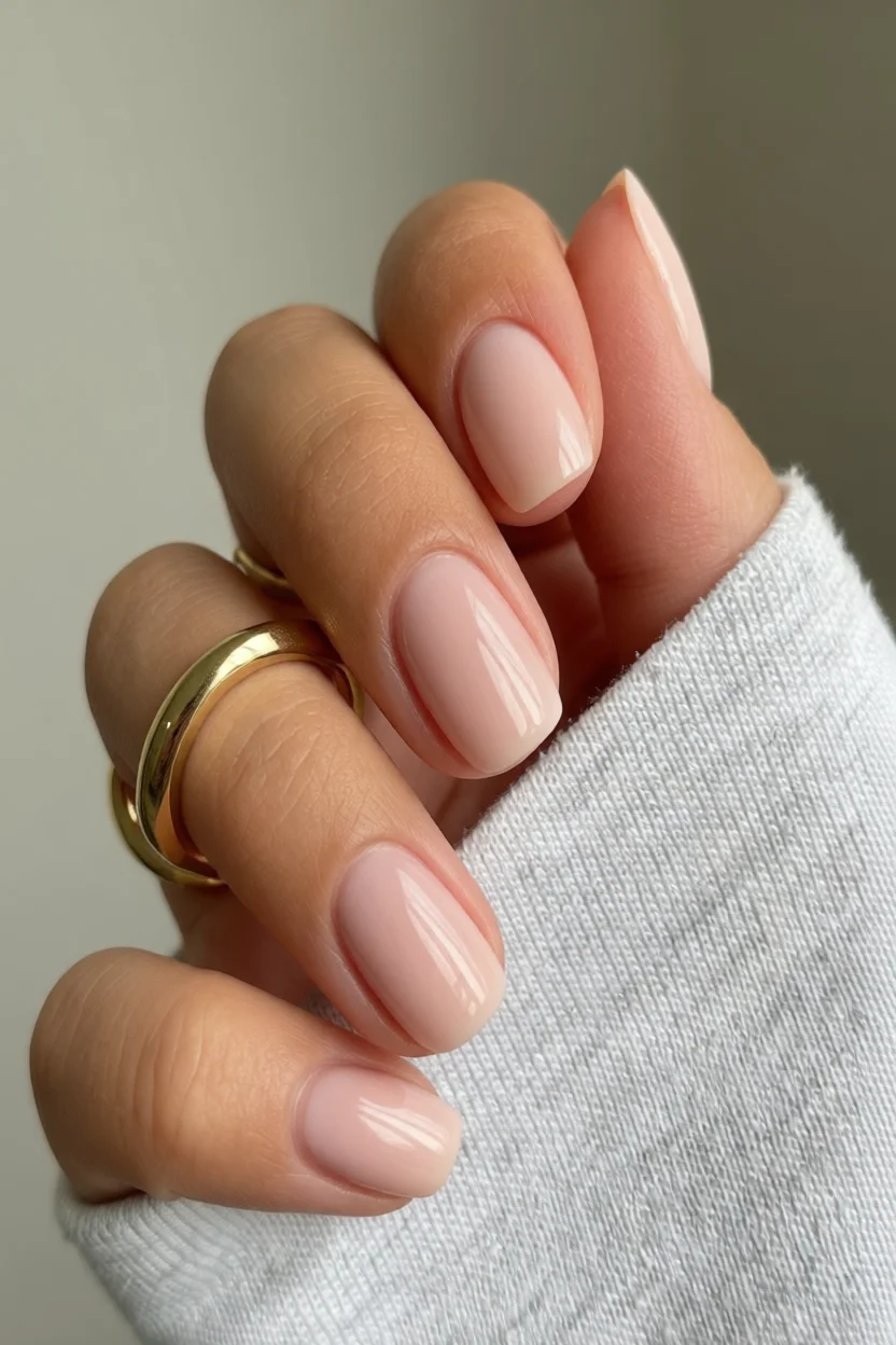 Mano con uñas cortas ovaladas color rosa nude pálido con efecto brillante glass nail y anillos dorados