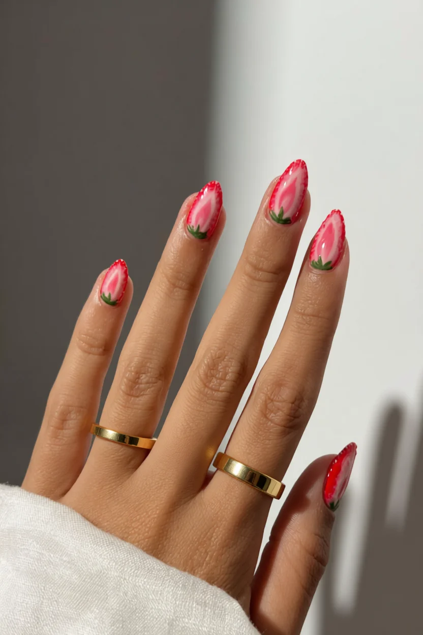 Uñas largas en forma de almendra con diseño realista de fresas en rosa y rojo