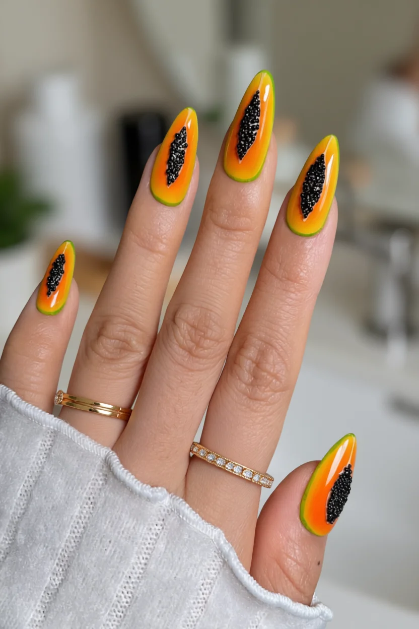 Uñas almendradas con diseño de rodajas de papaya y semillas negras
