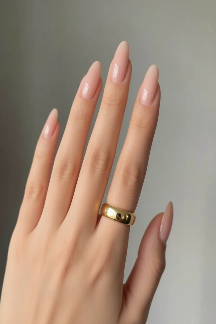 Mano con uñas largas en forma ovalada color nude brillante y anillo dorado