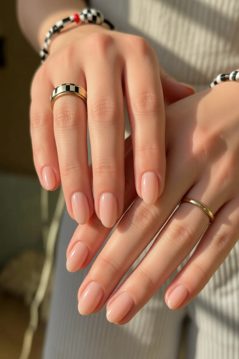 Manos con uñas cortas ovales en tono nude con brillo natural