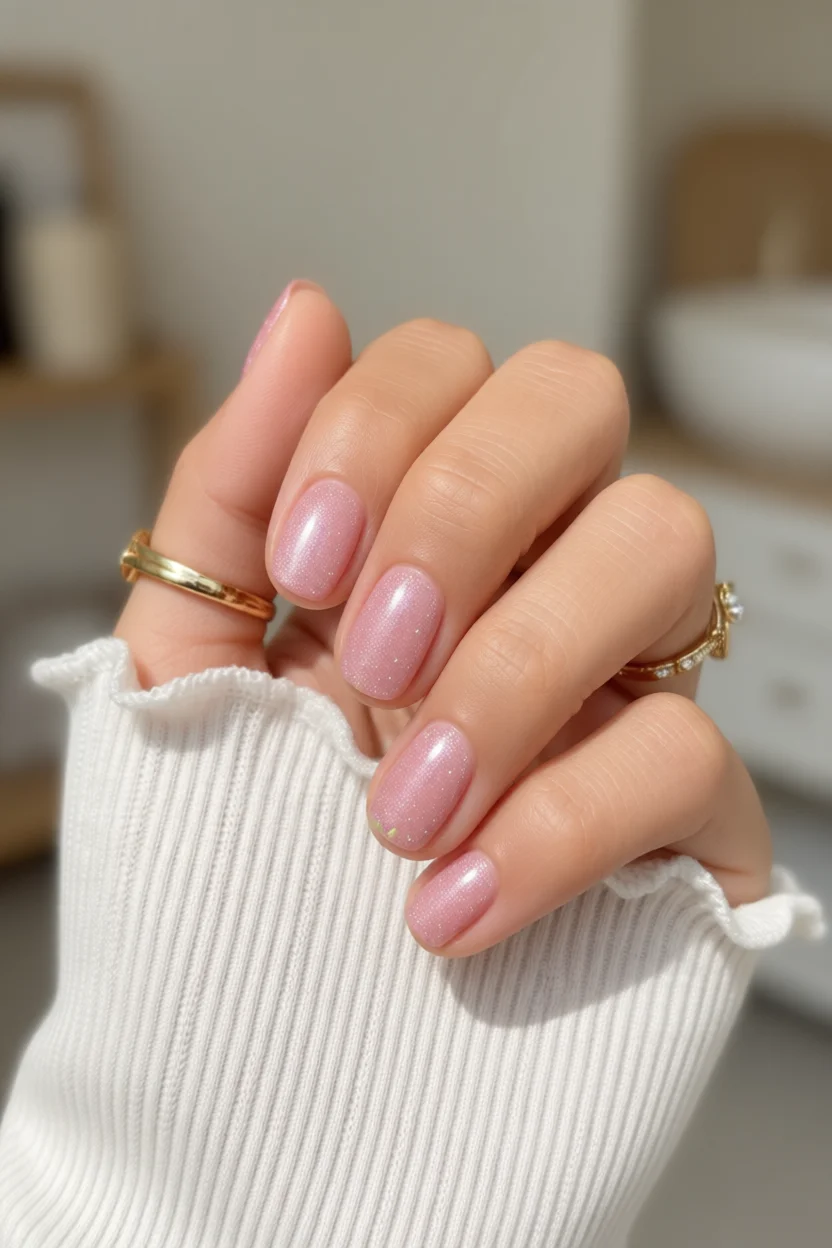 Mano con uñas ovaladas color rosa pastel brillante