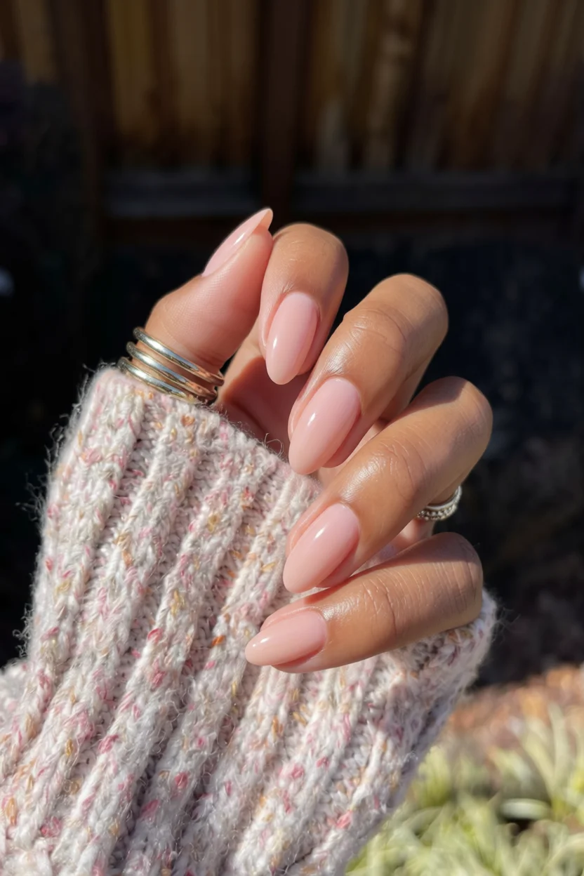 Mano con uñas largas forma almendra en tono rosa nude brillante y sweater tejida