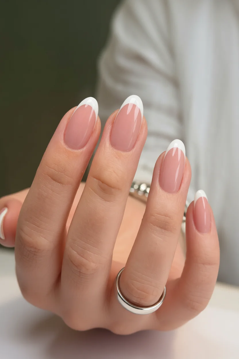 Uñas ovaladas con base nude y puntas blancas