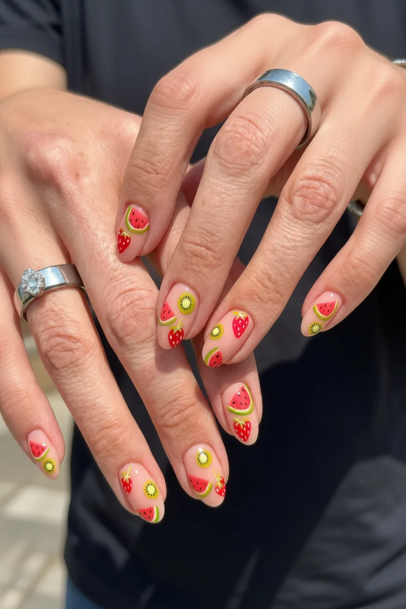 Uñas ovaladas con diseños de frutas tropicales, fresas y rodajas de kiwi y sandía